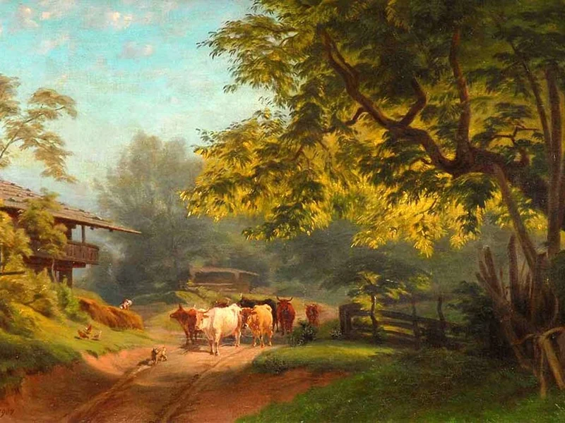 1825-Franz Leinecker - Mandria di bovini davanti alla fattoria